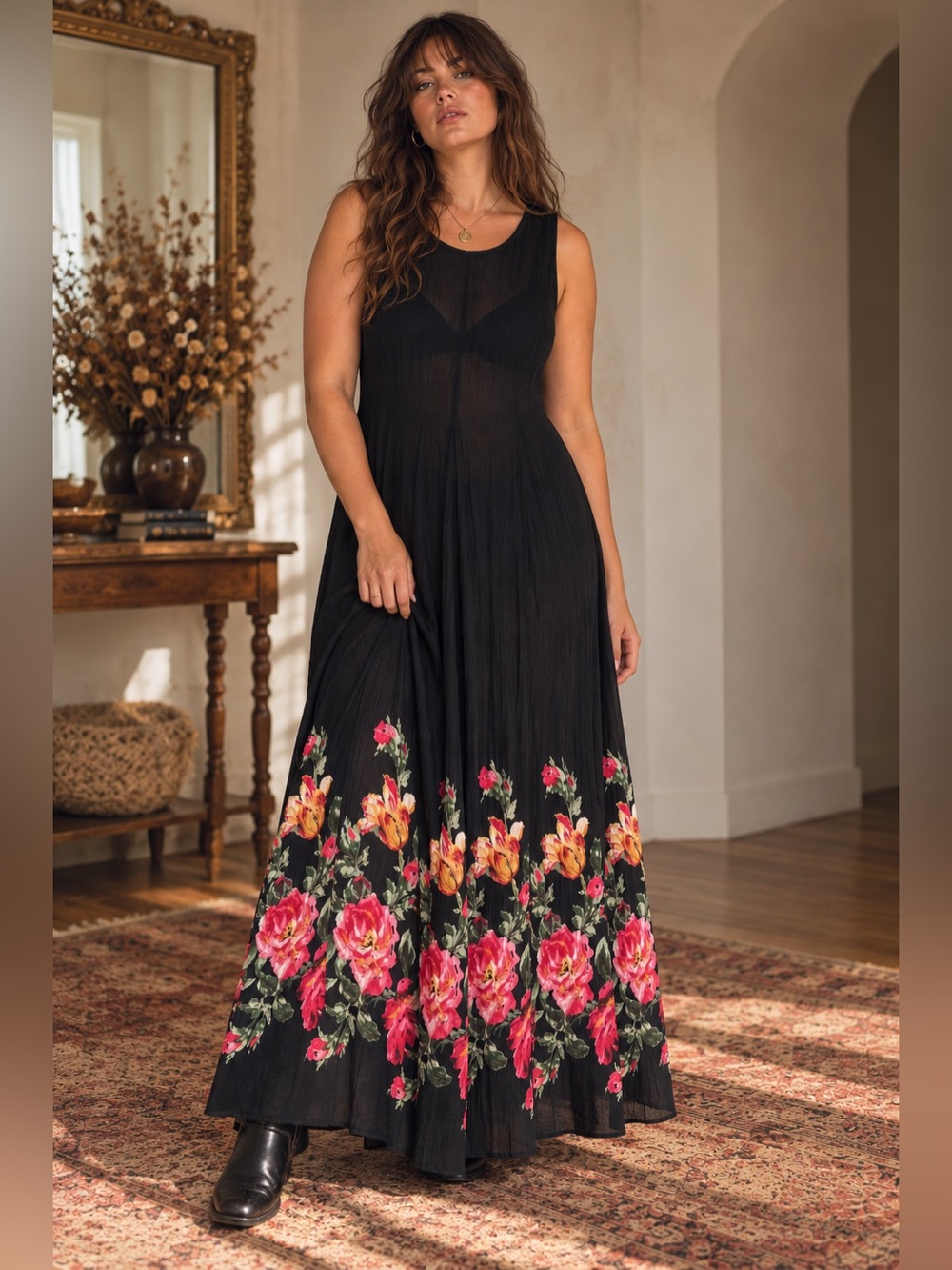 Vintage 90s Floral Maxi Dress Medium Dark Romantic Grunge Flowy Sheer Black
